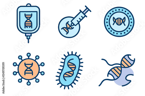 Illustration of various biological elements including DNA, bacteria, and medical instruments used in genetic research