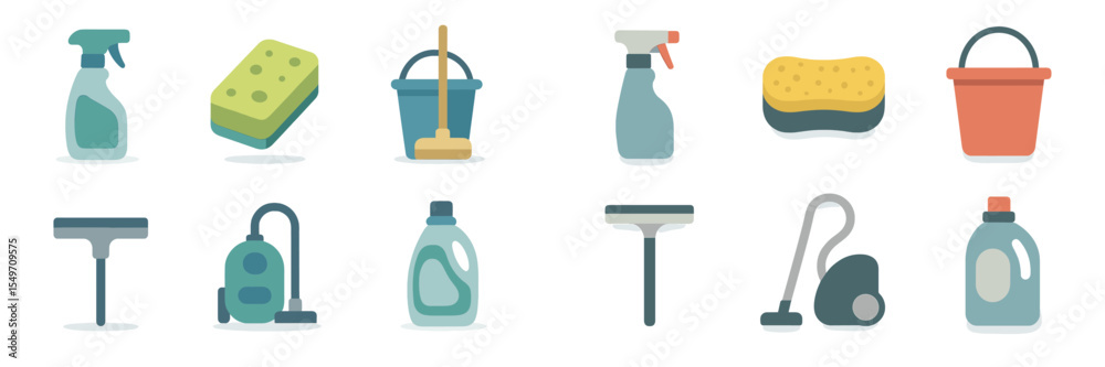 Cleaning supplies assortment for household chores with sponges, sprays and more in a clutter-free layout