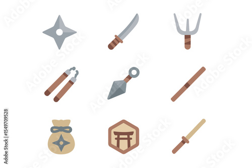 Collection of traditional Japanese ninja tools and weapons displayed on a clean white background for martial arts enthusiasts