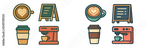Coffee shop elements featuring latte art, brewing equipment, and menu boards in a cozy atmosphere