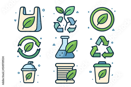 Vector illustrations of eco-friendly symbols emphasizing recycling and sustainability in a creative layout