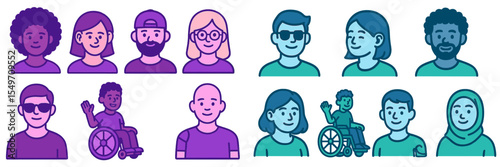 Diverse group of people featuring different appearances, abilities, and expressions in a colorful illustration