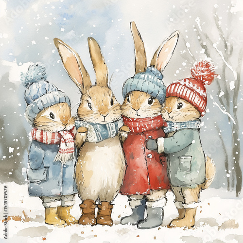 Group of rabbits wearing winter clothes during snowfall