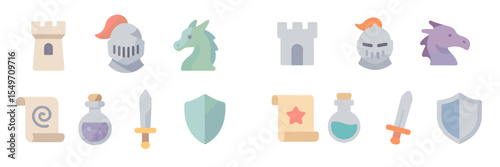 Colorful icons representing medieval elements including knights, dragons, and castles for fantasy-themed projects