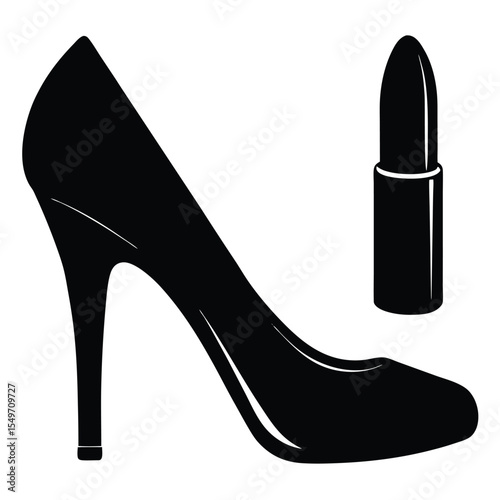 Black silhouette of a high heel shoe and a lipstick on a white background