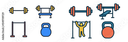 Variety of gym equipment including weights, benches, and kettlebells for strength training and fitness activities