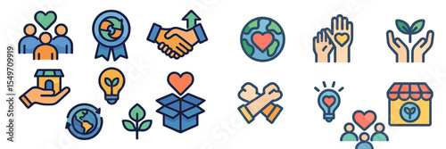 Community engagement and sustainability symbols promoting teamwork, environmental care, and social responsibility in an illustrative design