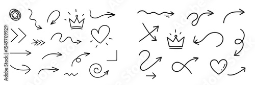 Various hand-drawn doodle designs featuring arrows, hearts, and other decorative symbols suitable for creative projects