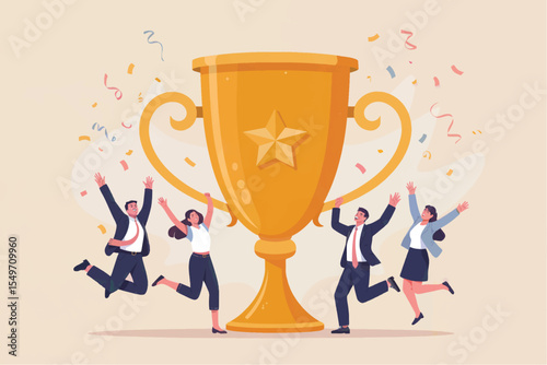 Team celebrating a victory with a trophy isolated on transparent background