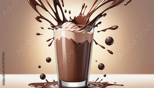 3D chocolate milk splash in glass, showing freshness, energy, and delicious drink concept in realistic style.