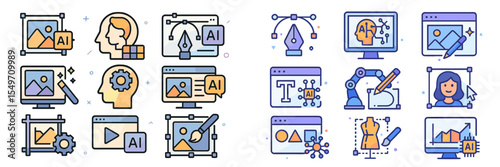 Collection of digital art and design icons featuring artificial intelligence tools and techniques for creative projects