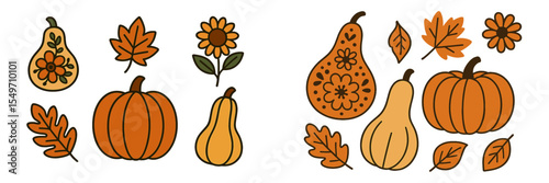 Colorful autumn decorations featuring pumpkins, leaves, and sunflowers perfect for seasonal celebrations and harvest themes