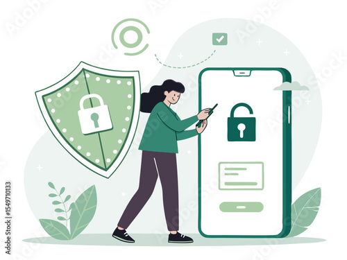 Vector concept showing a person with shield, lock icons, phishing attack alert, or securing their phone/data in flat modern style.
