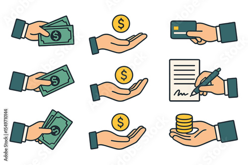 Financial transactions illustrated through hands exchanging cash, coins, cards, and signed agreements in a simple layout