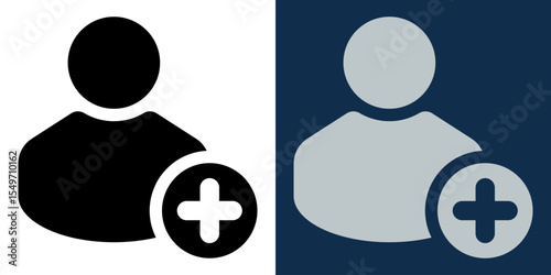 User Add Icon. Flat Silhouette Symbol with Plus Sign for New Profile Creation. Set in Black and Blue Style for Interface, App, UI Design, Access, Member Join, Social Network, Account.
