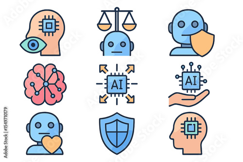 Representation of artificial intelligence concepts with icons showcasing ethical balance, human interaction, and technology integration