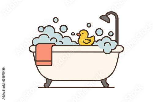 Bright yellow rubber duck swimming in a bubbly bathtub with a towel on the side