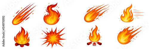 Colorful flames and fire illustrations depicting various fire forms and movements in dynamic designs