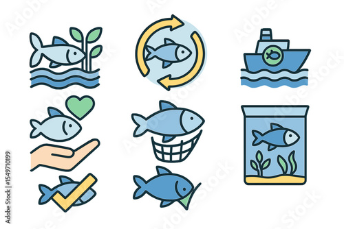 Fish conservation icons illustrating sustainable practices for protecting aquatic life in various environments