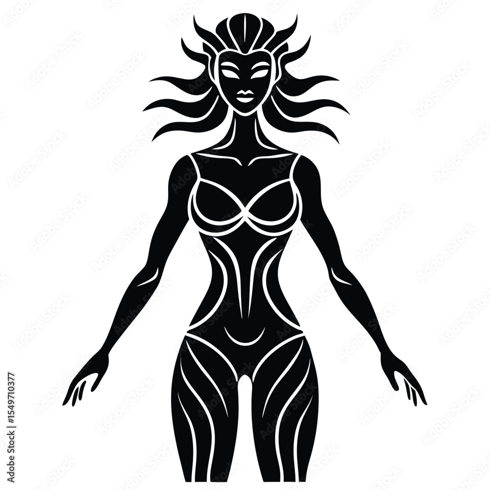 Fototapeta premium Stylized black silhouette of a woman with flowing hair and ornate body design