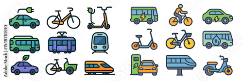 Various modes of sustainable transportation illustrated in a vibrant and modern style with eco-friendly elements