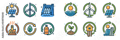 Renewable energy icons showcasing sustainable practices and technologies for a greener future