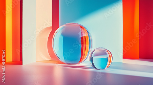 Glass spheres casting colorful shadows on a vibrant backdrop