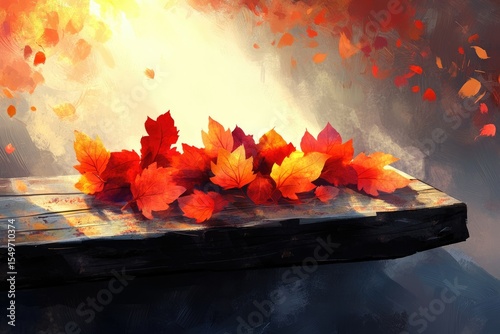 A digital painting of vibrant red and orange autumn leaves resting on a dark wooden surface, bathed in warm sunlight.