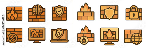 Icons representing cybersecurity, firewalls, and internet safety on a digital platform