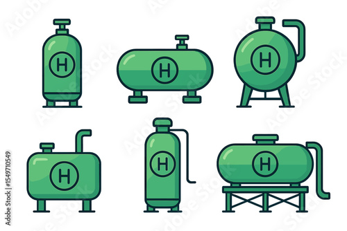 Various types of green hydrogen storage tanks displayed against a white background in a clean vector design