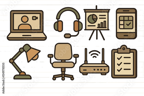 Various tools and elements for remote work setup including laptop, headset, projector, and office furniture