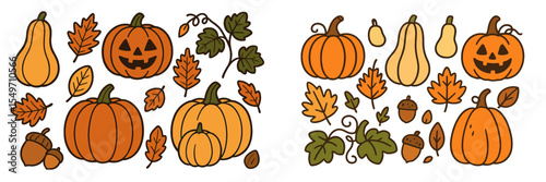 Colorful autumn illustrations of pumpkins, gourds, and leaves in a festive seasonal arrangement