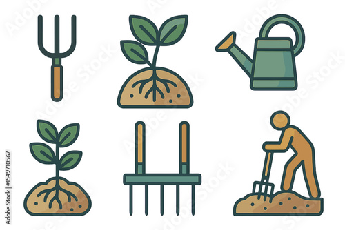 Gardening tools and plants displayed in a simple illustration showing various gardening activities and elements