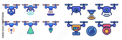 Various drone icons showcasing different functionalities in a modern design featuring vibrant colors