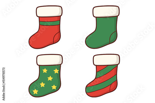 Colorful Christmas stockings in festive designs displayed on a white background