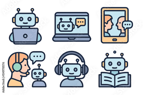 Various robots engaging in communication through technology in a modern digital environment