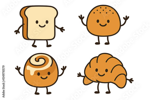 Cute cartoon characters of various baked goods displaying cheerful expressions and lively poses in a fun illustration