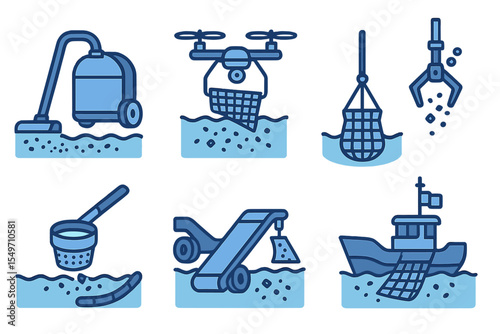 Various aquatic cleaning technologies and methods showcased in an infographic-style illustration
