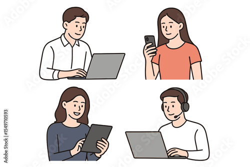 Four individuals engaged in digital communication and productivity in a modern workspace environment