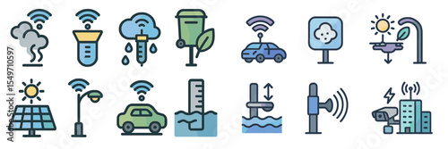 Icons representing smart city technologies in various environmental conditions and applications
