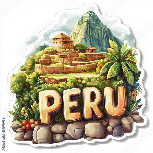 Peru sticker featuring Machu Picchu and lush vegetation