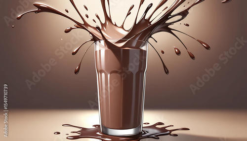 3D chocolate milk splash in glass, showing freshness, energy, and delicious drink concept in realistic style.