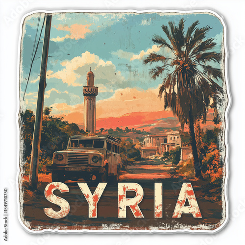 Old rusty bus driving through Syria with mosque in background