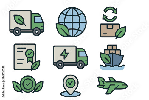 Digital illustrations showcasing ecological transport concepts with green leaves and eco-friendly motifs