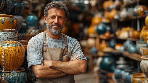 Potter proudly posing with arms crossed in his workshop