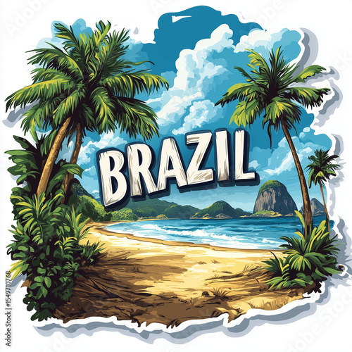 Brazil beach landscape with tropical vegetation, ocean, mountains and blue sky