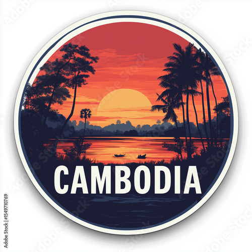Cambodia travel sticker featuring stunning sunset over tropical river landscape