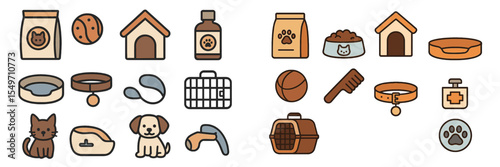 Collection of pet supplies and accessories including food, toys, and grooming items for cats and dogs