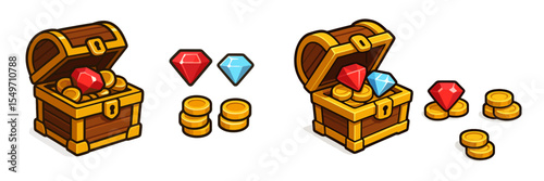 Treasure chests filled with gold coins and gemstones in a digital illustration depicting wealth and adventure