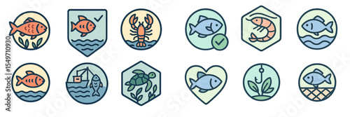 Colorful aquatic icons representing different marine species and fishing activities in a playful style suitable for educational materials